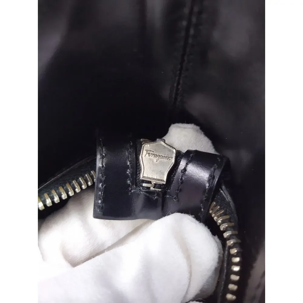 Salvatore Ferragamo Black Patent Leather Zipper Closure Hobo Shoulder Bag